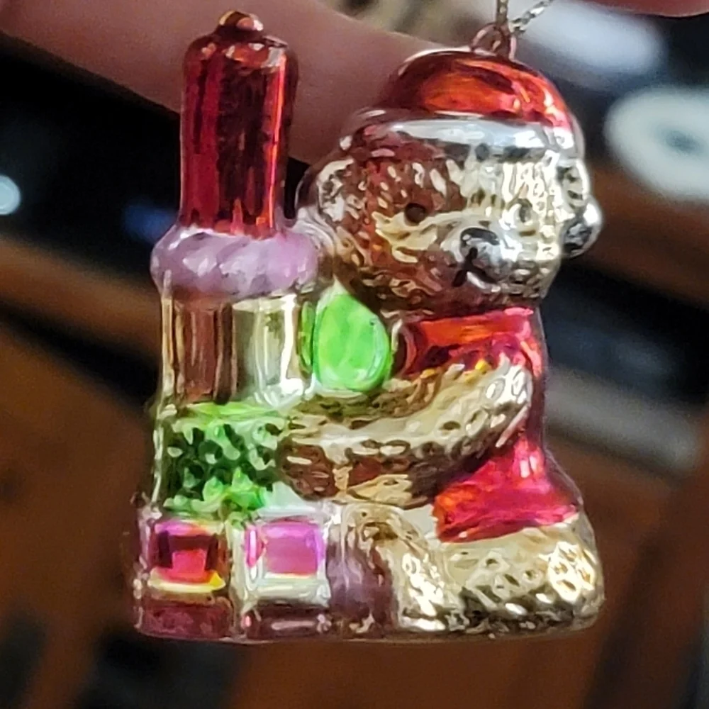 BEAR Ornament Wearing Santa Hat holding candle chimney Painted Glass Tree Decor